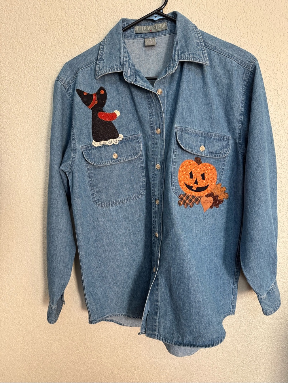 Vintage 90s Denim Button Down Shirt Women’s S Halloween Patchwork